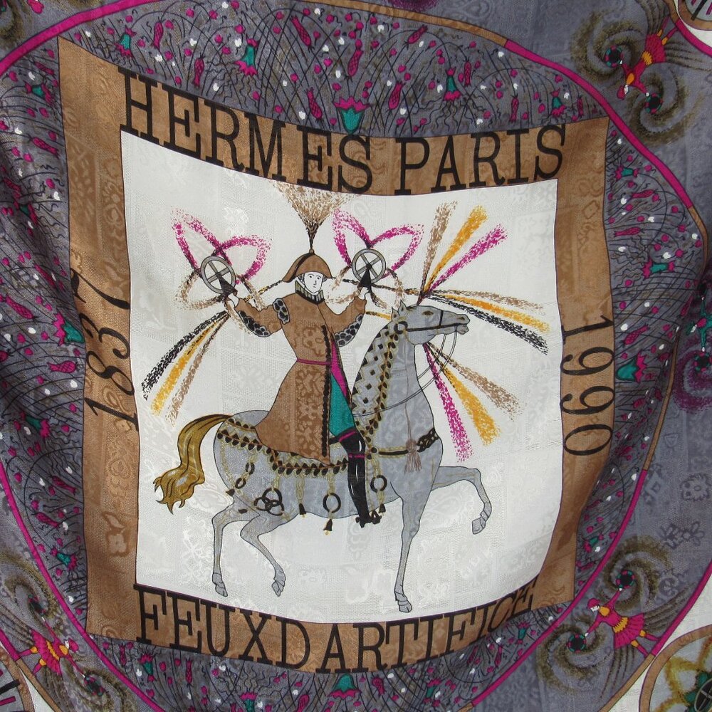 HERMES 1837 Feux D'Artifice Scarf Wrap Foulard Gray Lavender 1990 ed. Vintage - Picture 2 of 11